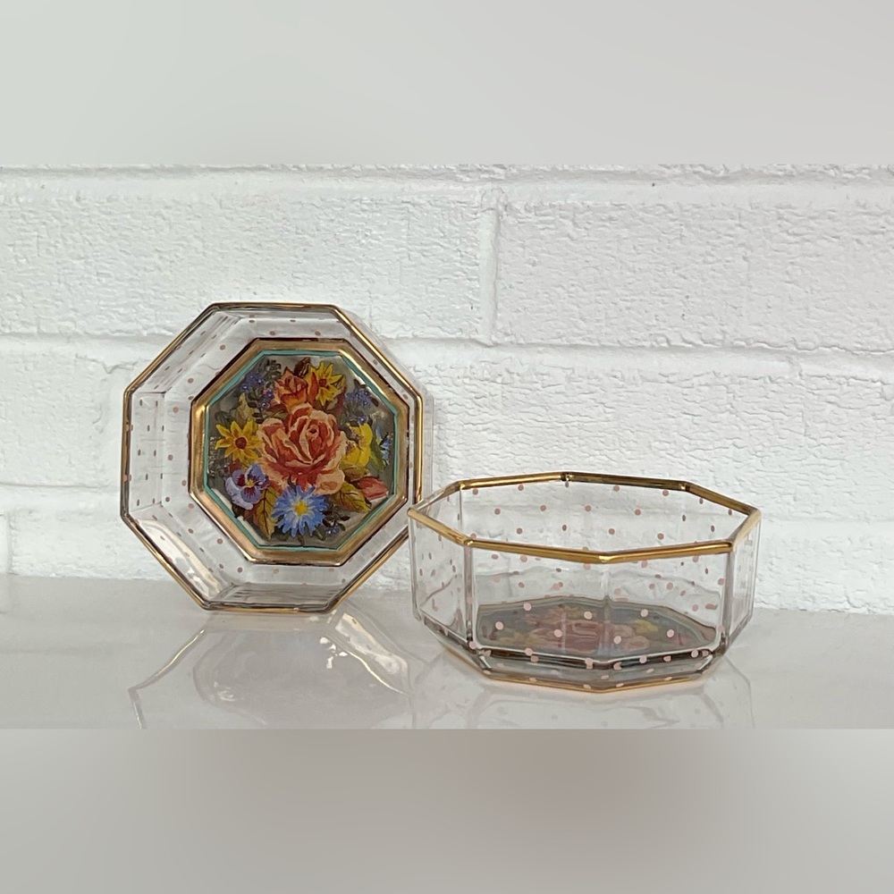MacKenzie-Childs Floral Polka Dot Octagon Glass Trinket Dish Set of 2 Aurora NY